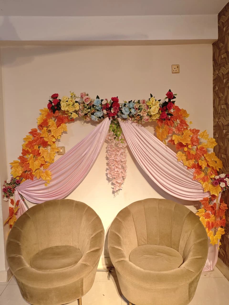 Indoor floral entrance decoration at Crystal Community Center, Gobindaganj